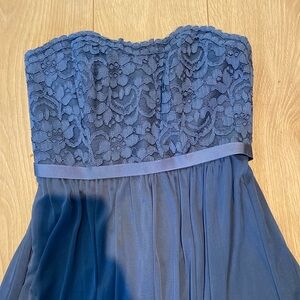 David’s bridal steel blue long maxi strapless dress with slit